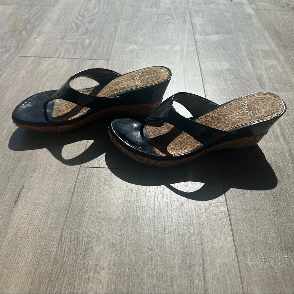 Paolo black patent with basket weave wedge - size 8